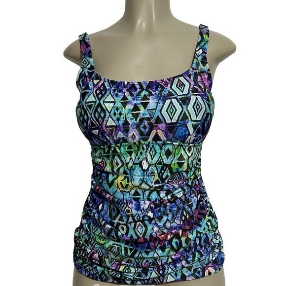 Profile Tankini Swim Top Women's Small Multicolor Geometric Abstract Square Neck - Picture 1 of 8